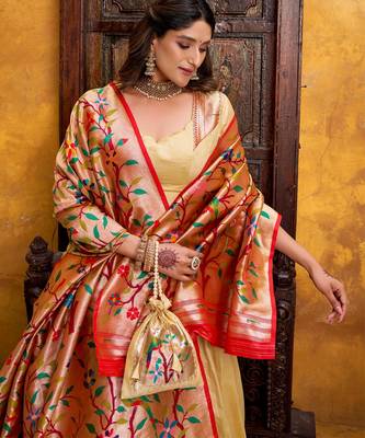 beige silk blend lehenga set with floral border work 4