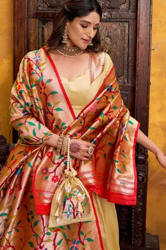 beige silk blend lehenga set with floral border work
