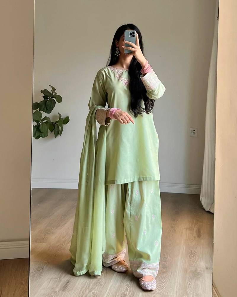 green silk blend embroidered farshi salwaar
