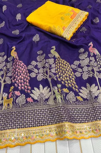 purple dola silk saree with cording work border