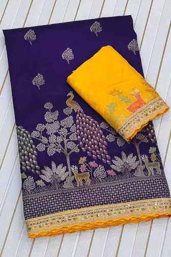 Purple Color embroidery cording sequin and thread work Dolla silk blend Saree