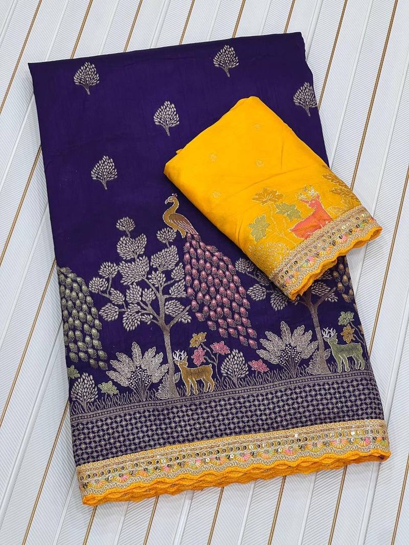 Purple Color embroidery cording sequin and thread work Dolla silk blend Saree