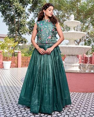 teal green silk blend plain lehenga set with free size upto 44 1