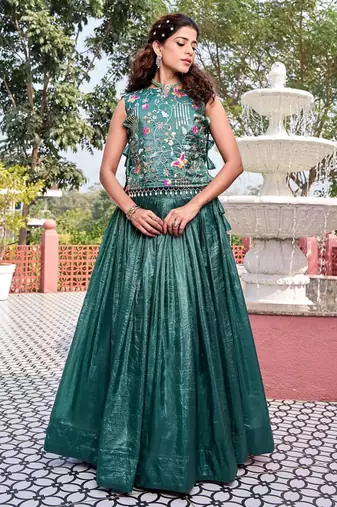 teal green silk blend plain lehenga set