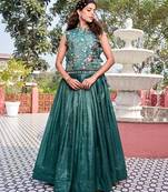 teal green silk blend plain lehenga set