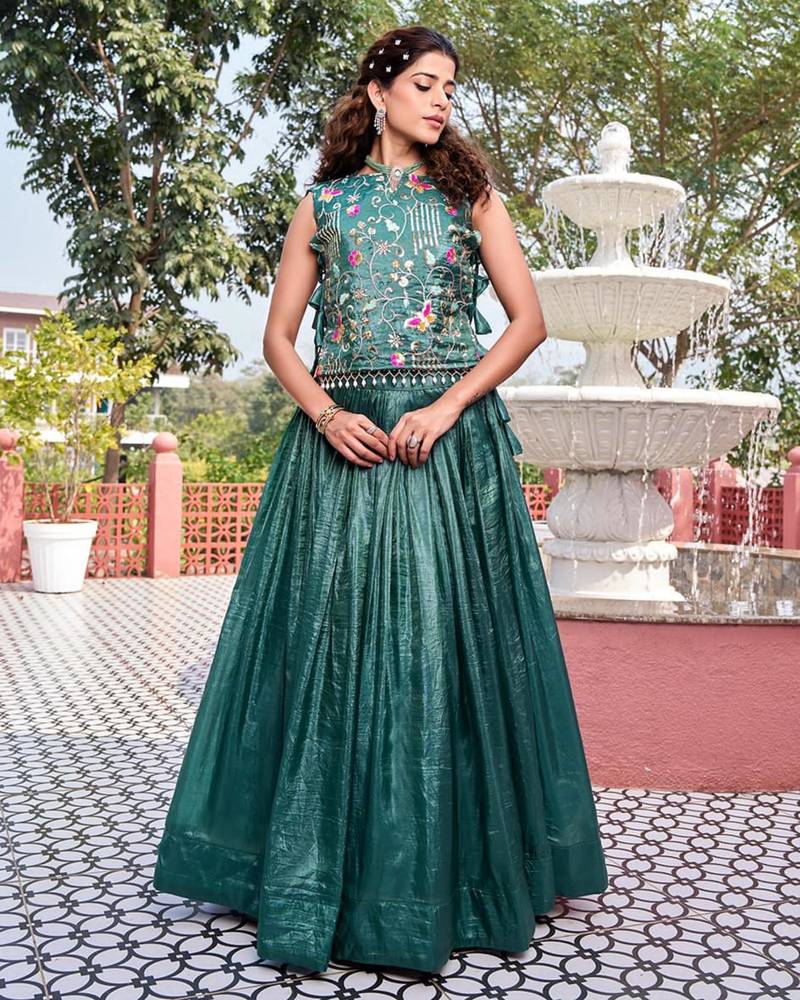 teal green silk blend plain lehenga set