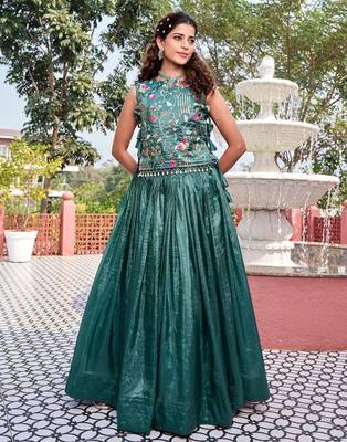 teal green silk blend plain lehenga set with free size upto 44 2