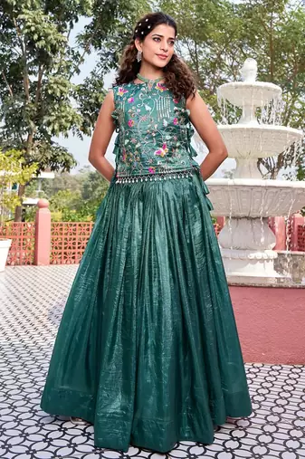 teal green silk blend lehenga with thread work