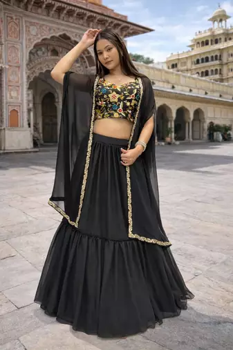 black georgette lehenga set with floral embroidery