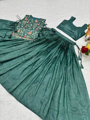 teal green silk blend plain lehenga set with free size upto 44 4