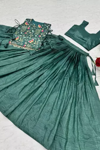 teal green silk blend lehenga with thread work