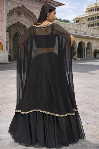 black georgette lehenga set with floral embroidery