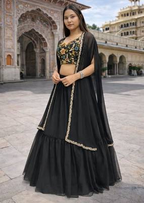 black georgette plain lehenga set with free size upto 42 4