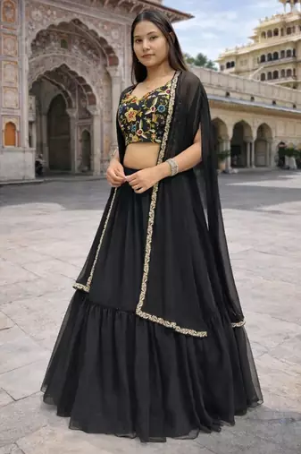 black georgette lehenga set with floral embroidery