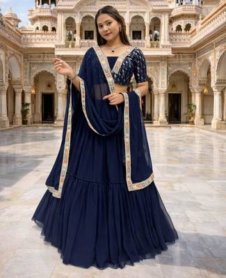 navy blue georgette plain lehenga set with free size upto 42 1