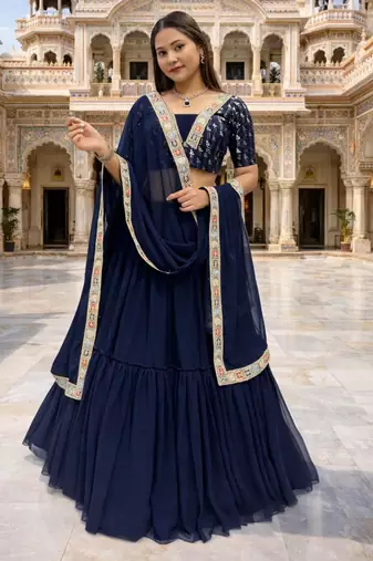 navy blue georgette plain lehenga set
