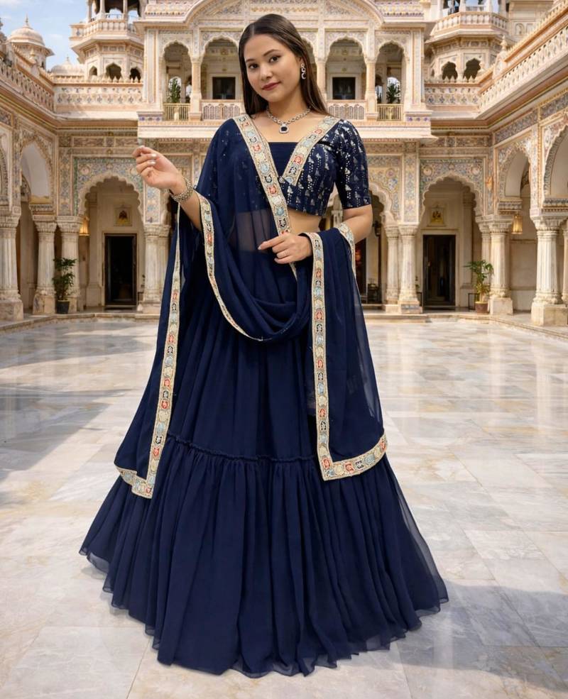 navy blue georgette plain lehenga set