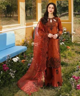 dark orange rayon salwar kameez with floral embroidery 3