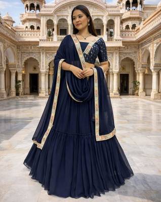 navy blue georgette plain lehenga set with free size upto 42 2