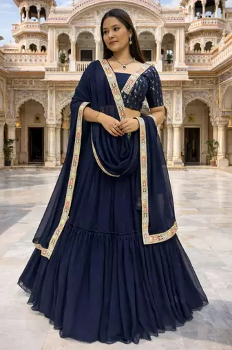 navy blue georgette lehenga set with thread work