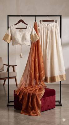 cream silk blend embroidered lehenga set with free size upto 44 2