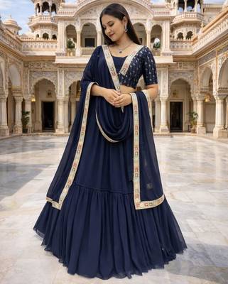 navy blue georgette plain lehenga set with free size upto 42 3