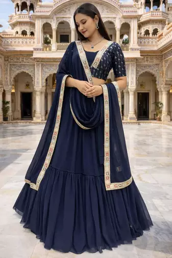 navy blue georgette lehenga set with thread work