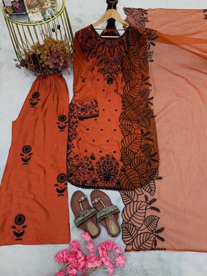 dark orange rayon salwar kameez with floral embroidery 4