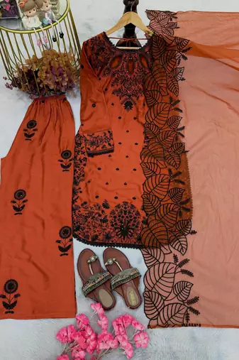 dark orange rayon salwar kameez with floral embroidery