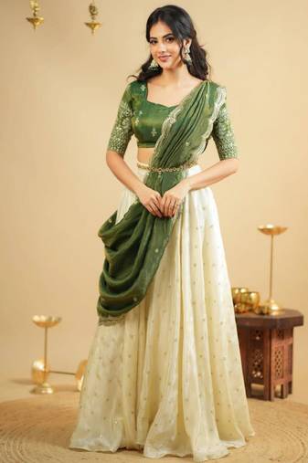 cream silk blend embroidered lehenga set