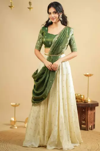 cream silk blend embroidered lehenga set