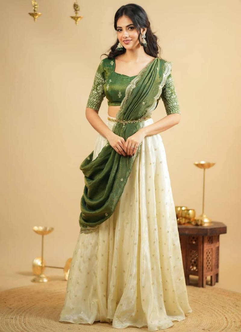 cream silk blend embroidered lehenga set
