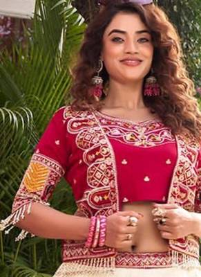 cream silk blend embroidered lehenga set with free size upto 44 2