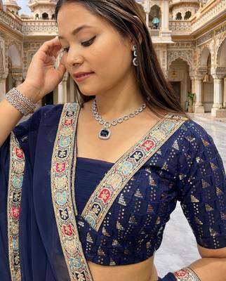 navy blue georgette plain lehenga set with free size upto 42 4