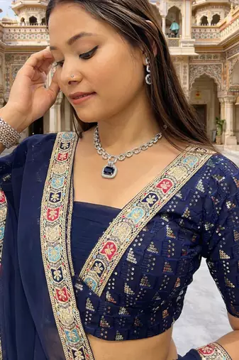 navy blue georgette lehenga set with thread work