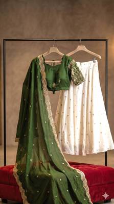 cream silk blend embroidered lehenga set with free size upto 42 2