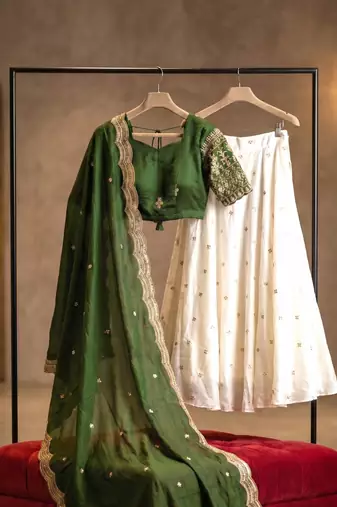 green silk blend lehenga with embroidery work