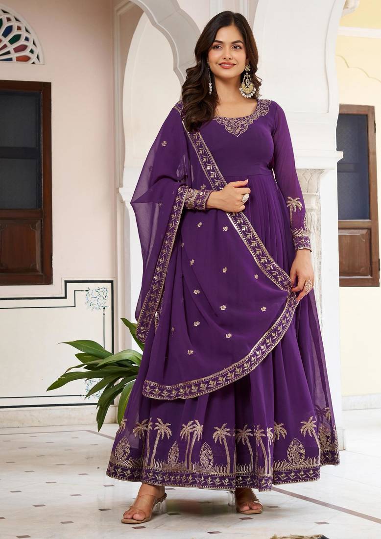 purple faux georgette thread gown set 