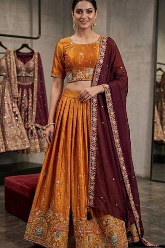 orange silk blend embroidered lehenga set