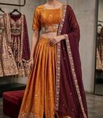 orange silk blend embroidered lehenga set