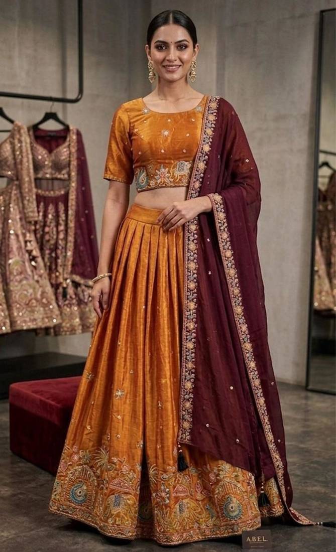 orange silk blend embroidered lehenga set