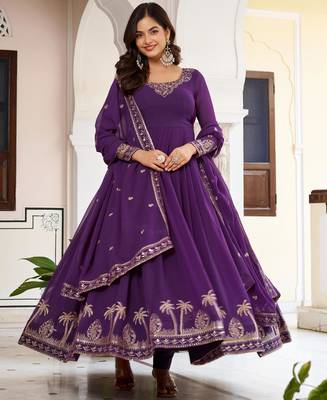 purple faux georgette anarkali gown set with palm embroidery 1