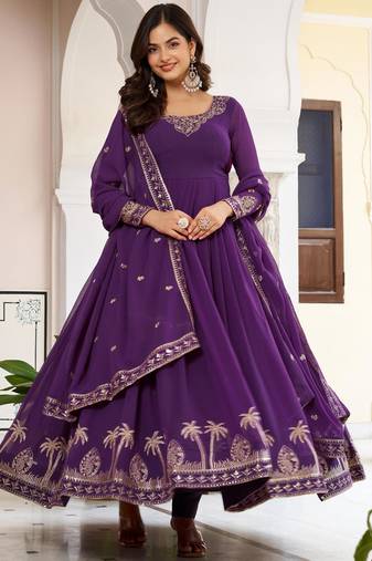 purple faux georgette thread gown set 