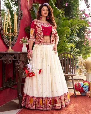 cream silk blend embroidered lehenga set with free size upto 44 3