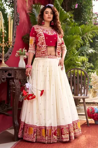 cream silk blend lehenga with fusion embroidery work