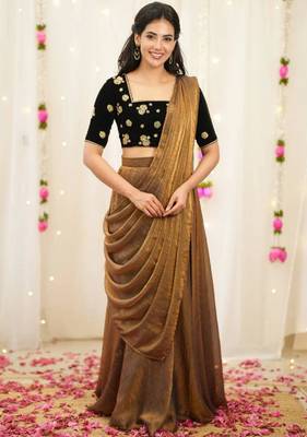 golden silk blend embroidered lehenga set with free size upto 42 1