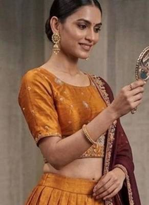 orange silk blend lehenga with peacock embroidery 2