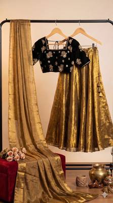 golden silk blend embroidered lehenga set with free size upto 42 2