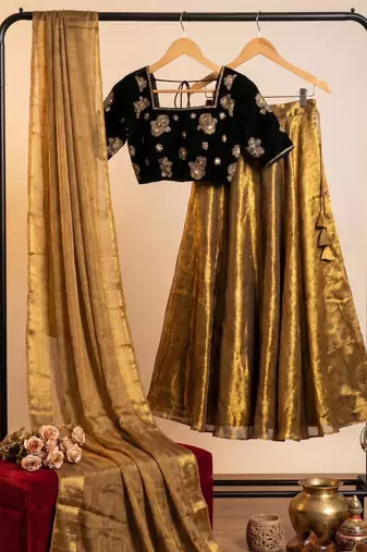 golden silk blend lehenga with floral embroidery