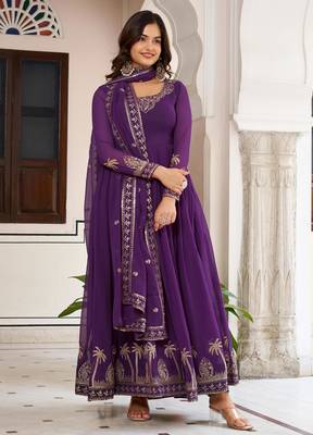 purple faux georgette anarkali gown set with palm embroidery 3
